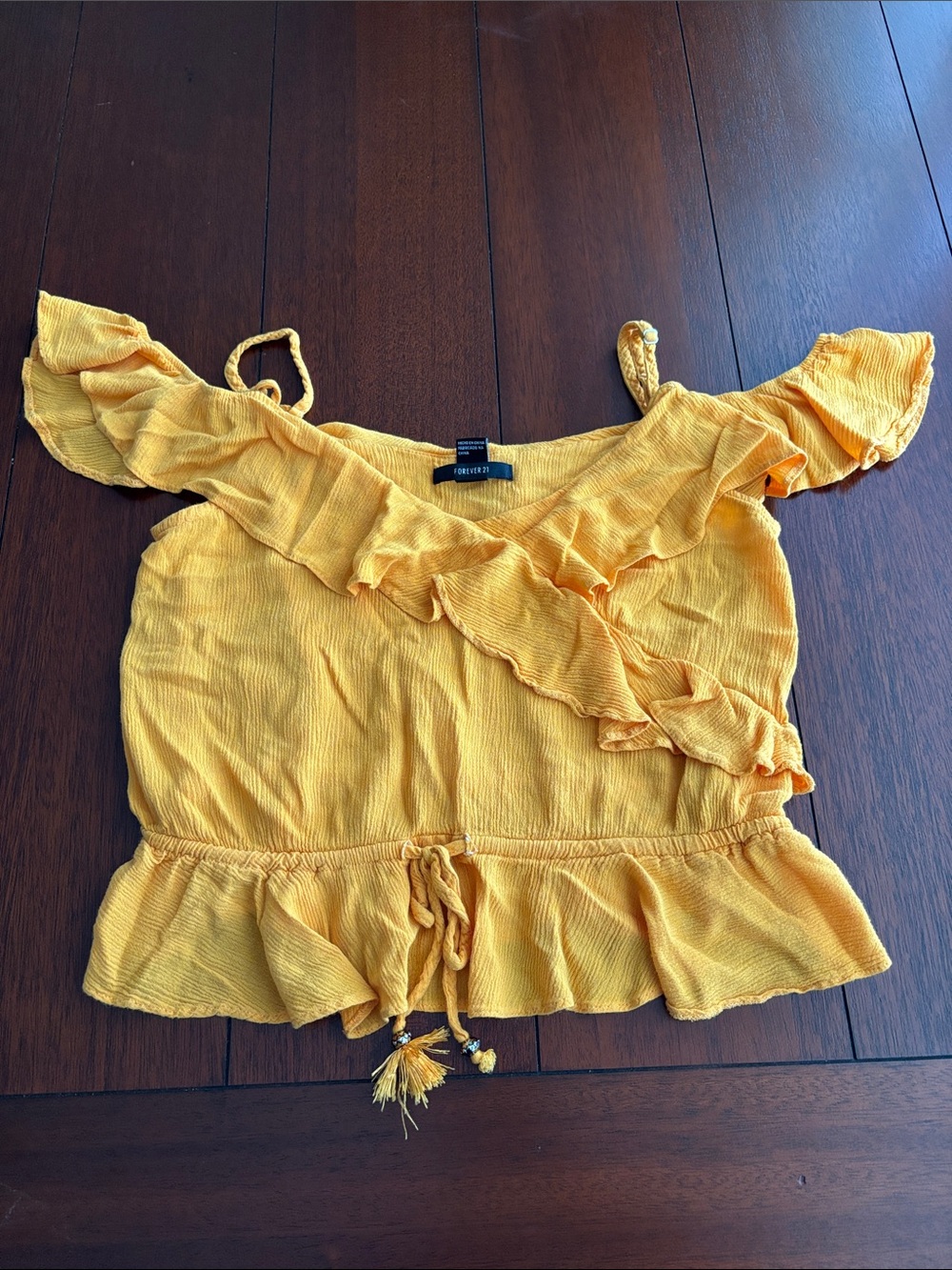 Forever 21 Yellow Ruffle Off-Shoulder Tie-Waist Crop Top Size L